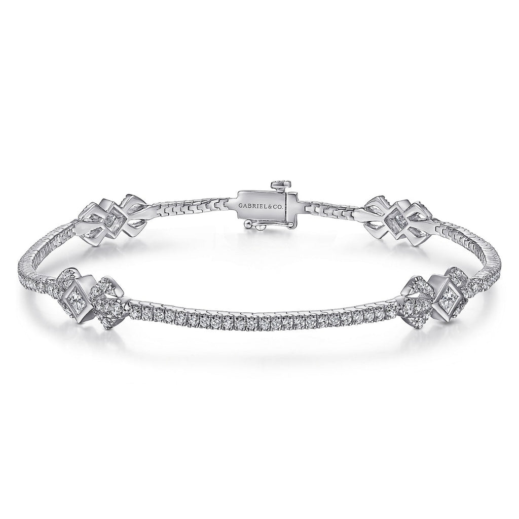 14K White Gold Diamond Tennis Bracelet with Geometric Stations