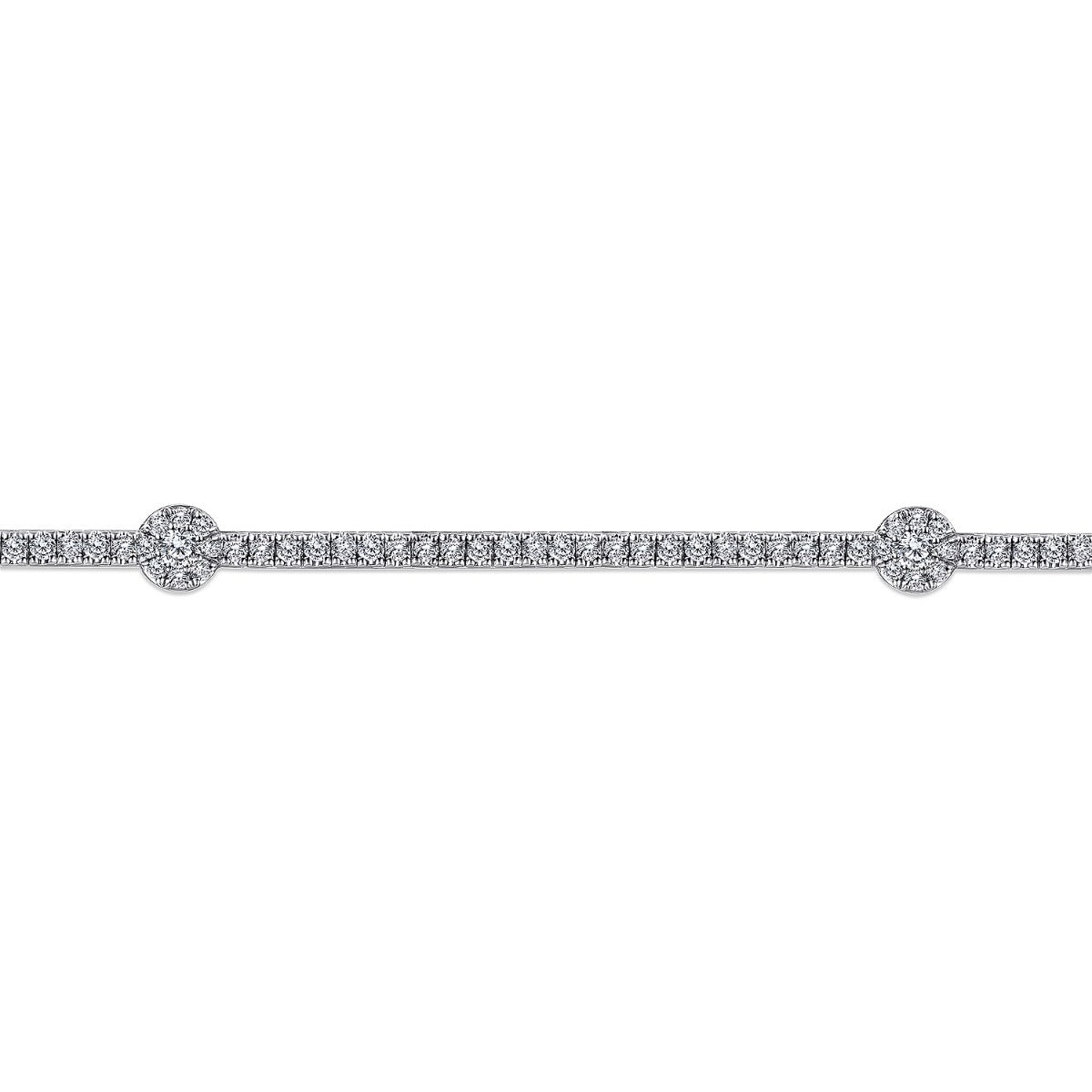 14K White Gold Diamond Tennis Bracelet with Round Cluster Stations