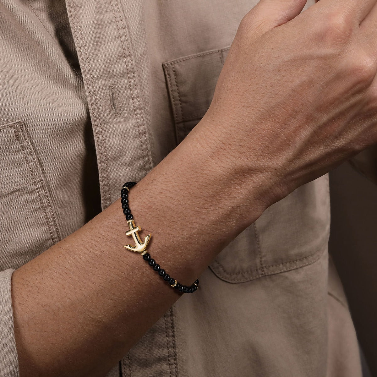 14K Yellow Gold and 4mm Onyx Beaded Bracelet with Anchor