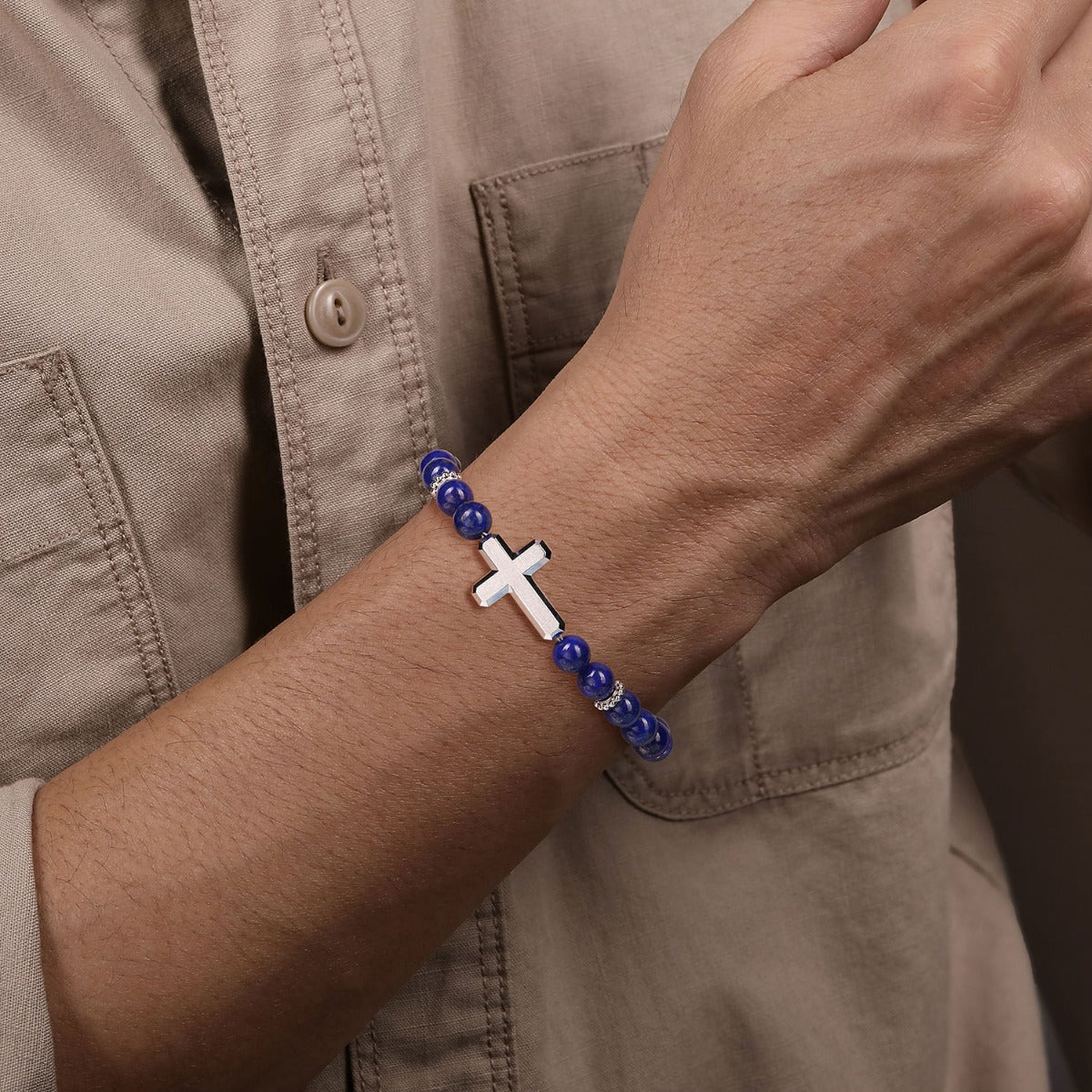 Sterling Silver and 8mm Lapis Beaded Bracelet with Cross