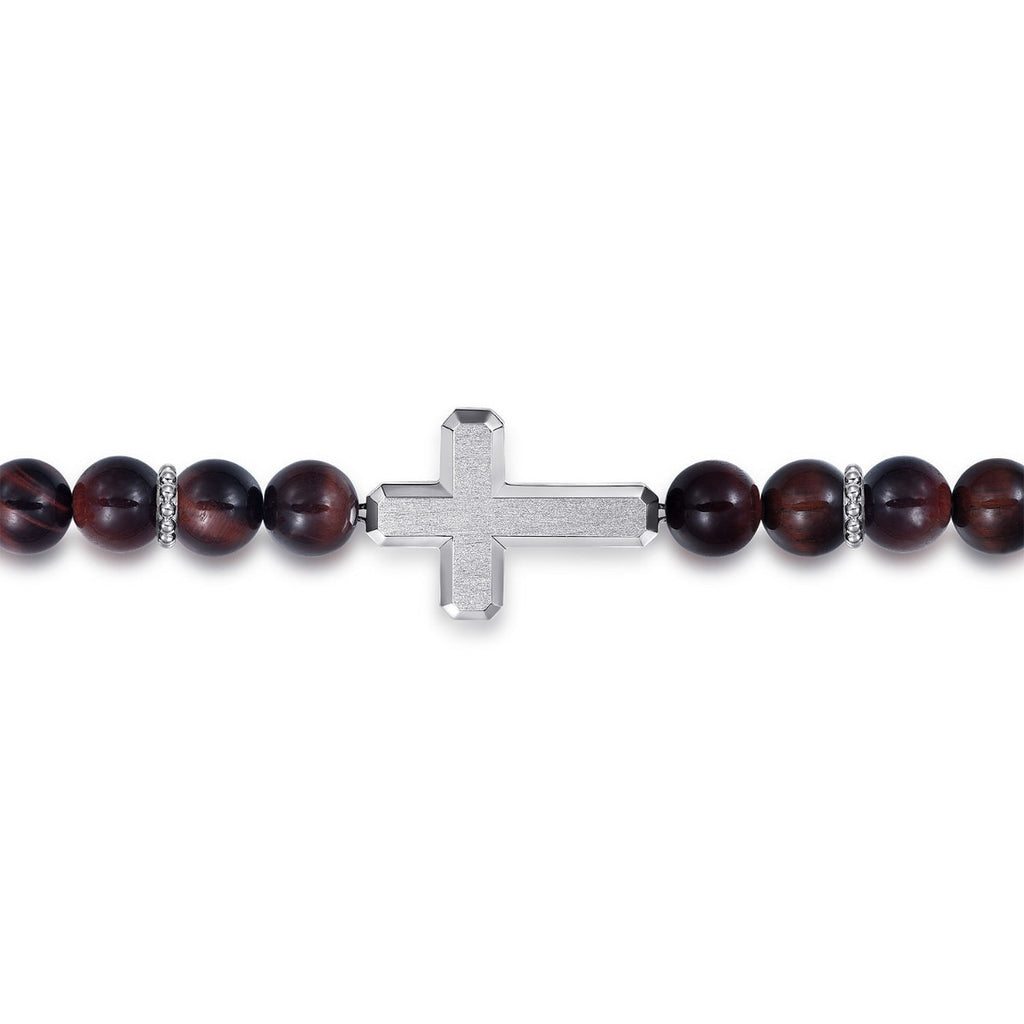 Sterling Silver and 8mm Tiger Eye Beaded Bracelet with Cross