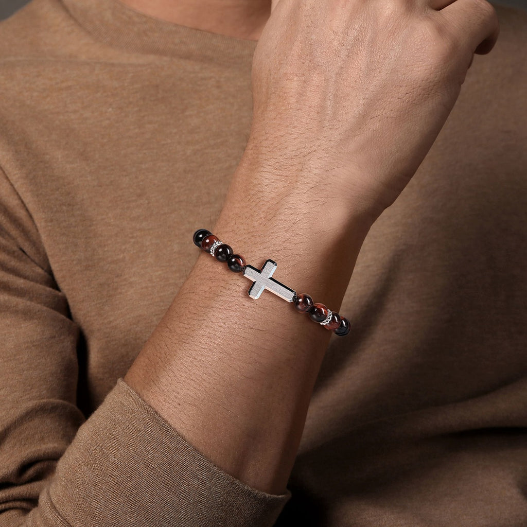 Sterling Silver and 8mm Tiger Eye Beaded Bracelet with Cross