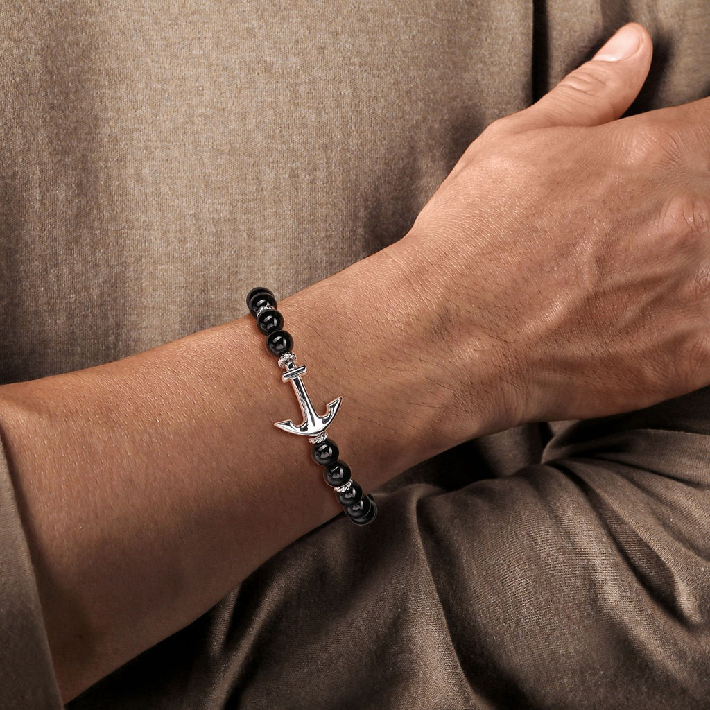 Sterling Silver and 8mm Onyx Beaded Bracelet with Anchor