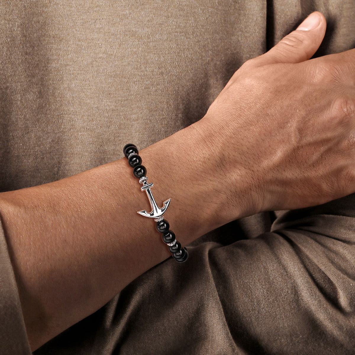 Sterling Silver and 8mm Onyx Beaded Bracelet with Anchor