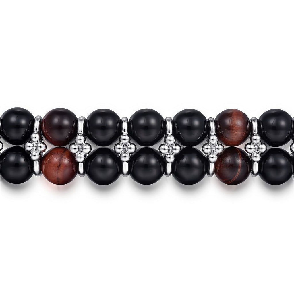Sterling Silver 8mm Onyx and Tiger Eye Beaded Bracelet