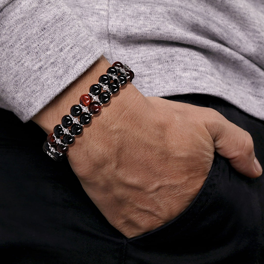 Sterling Silver 8mm Onyx and Tiger Eye Beaded Bracelet