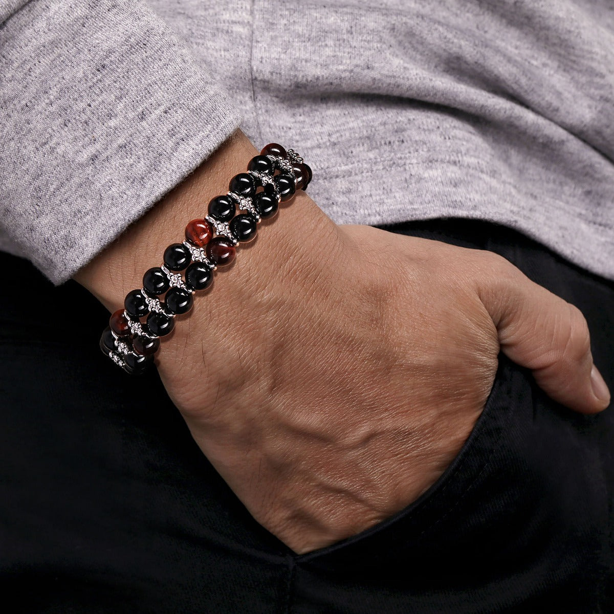 Sterling Silver 8mm Onyx and Tiger Eye Beaded Bracelet