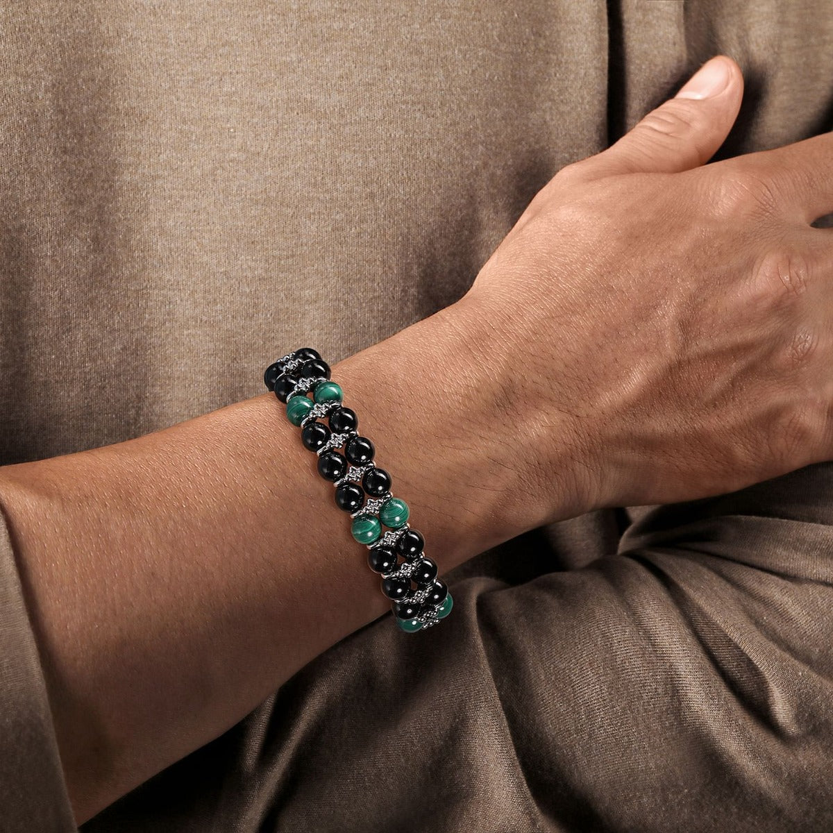 Sterling Silver 8mm Onyx and Malachite Beaded Bracelet