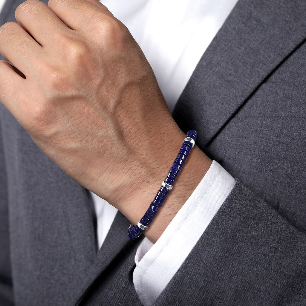 Sterling Silver Lapis Cylinder Beaded Bracelet