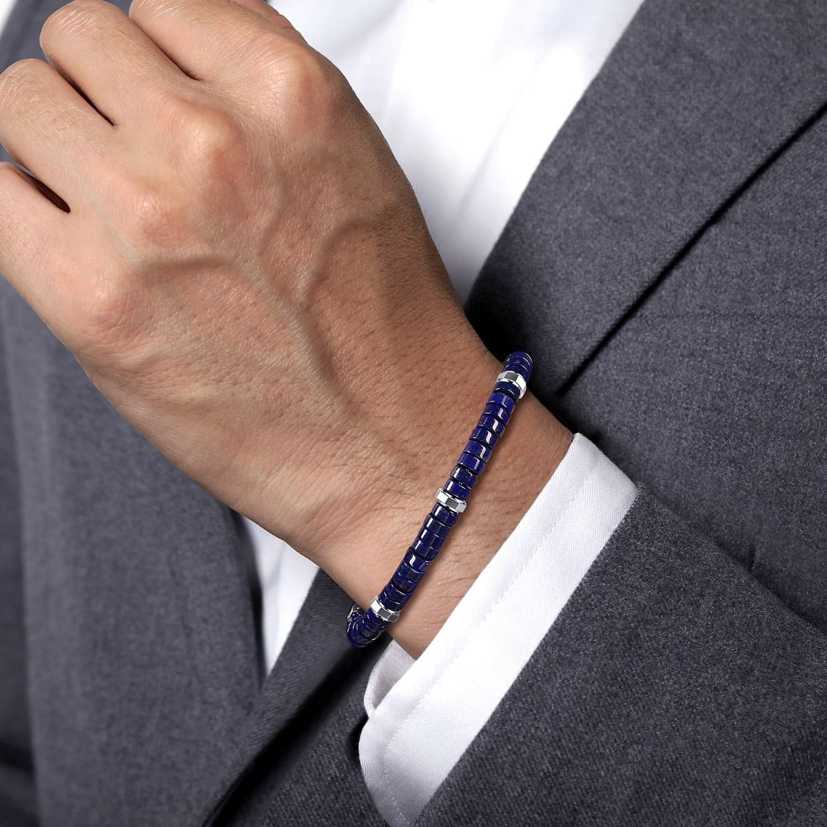 Sterling Silver Lapis Cylinder Beaded Bracelet
