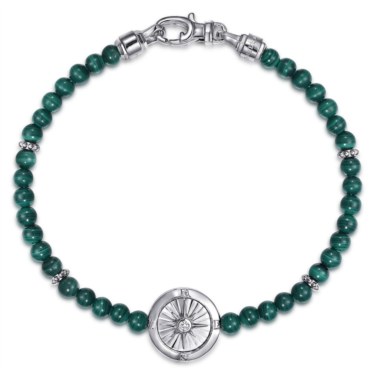 925 Sterling Silver Compass with 4mm Malachite Beads and White Sapphire