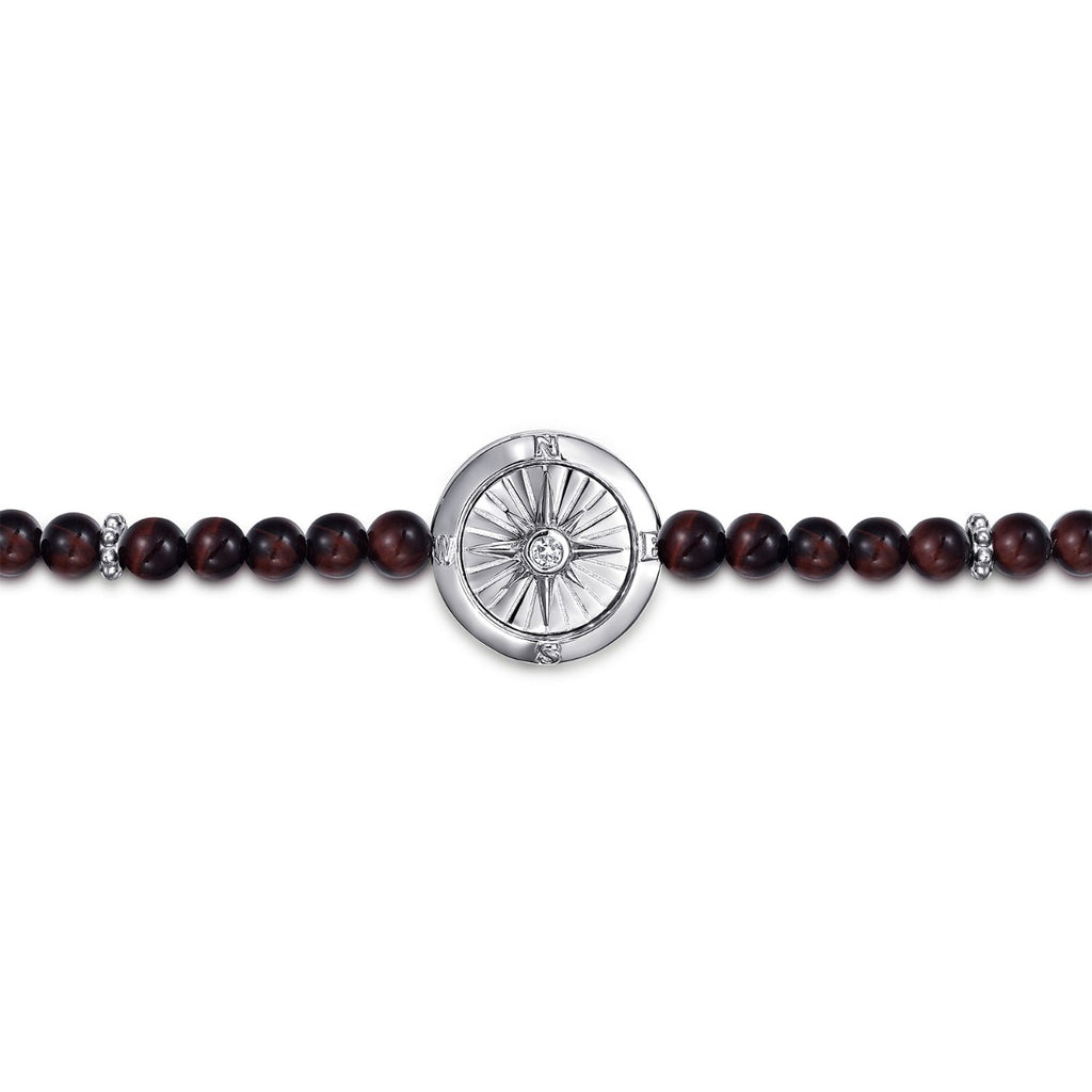 925 Sterling Silver Compass with 4mm Tiger Eye Beads and White Sapphire