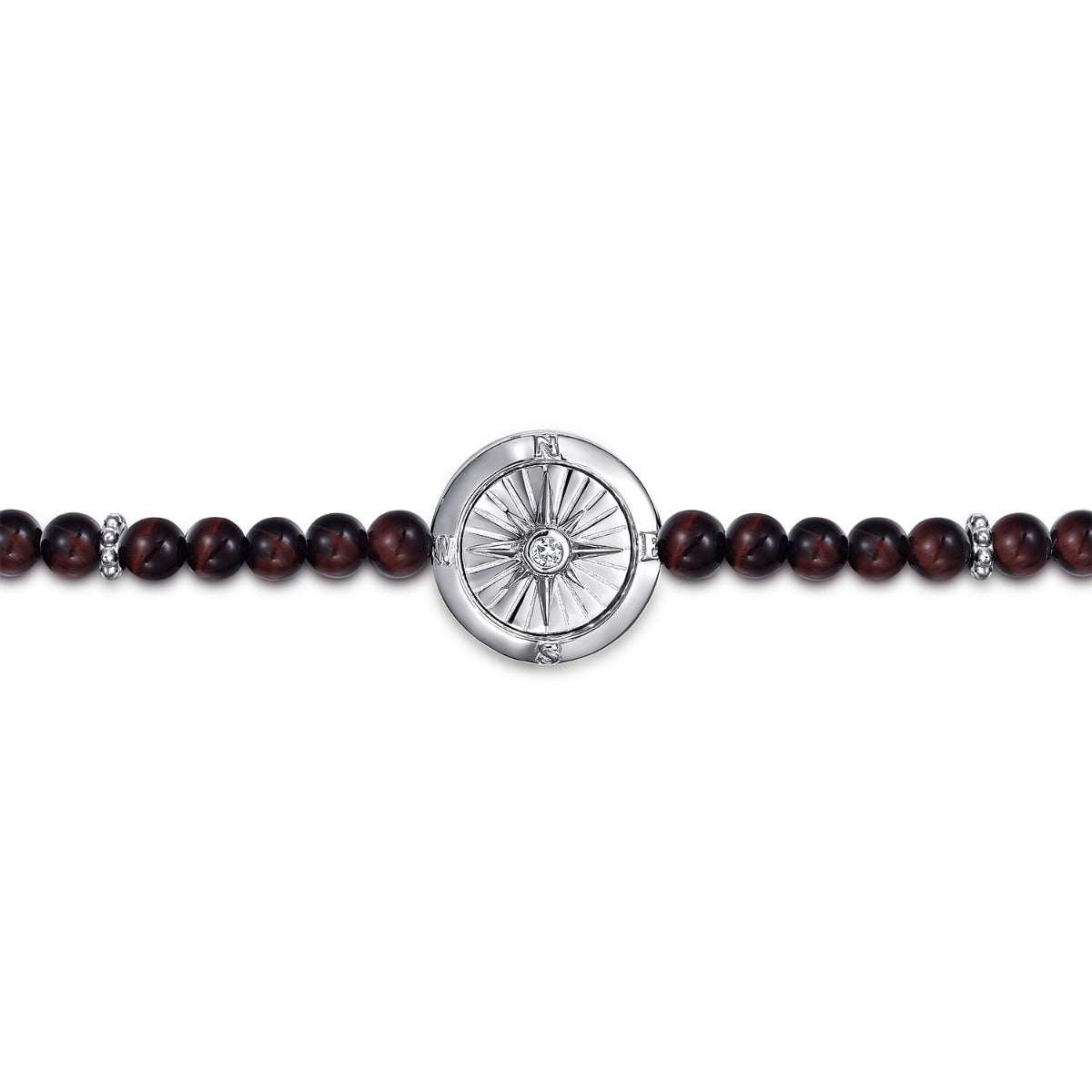 925 Sterling Silver Compass with 4mm Tiger Eye Beads and White Sapphire