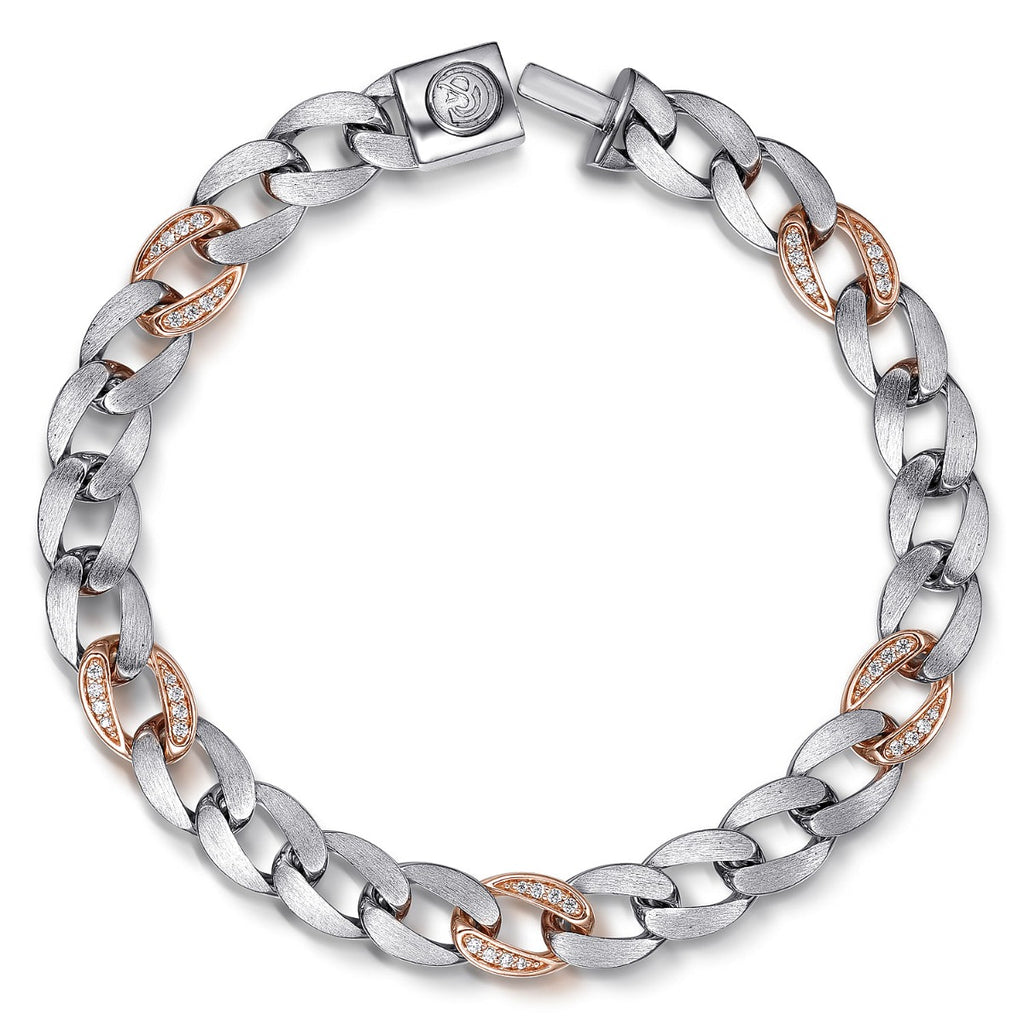 925 Sterling Silver with 14K Rose Gold Diamond Cuban Link Chain Mens Bracelet