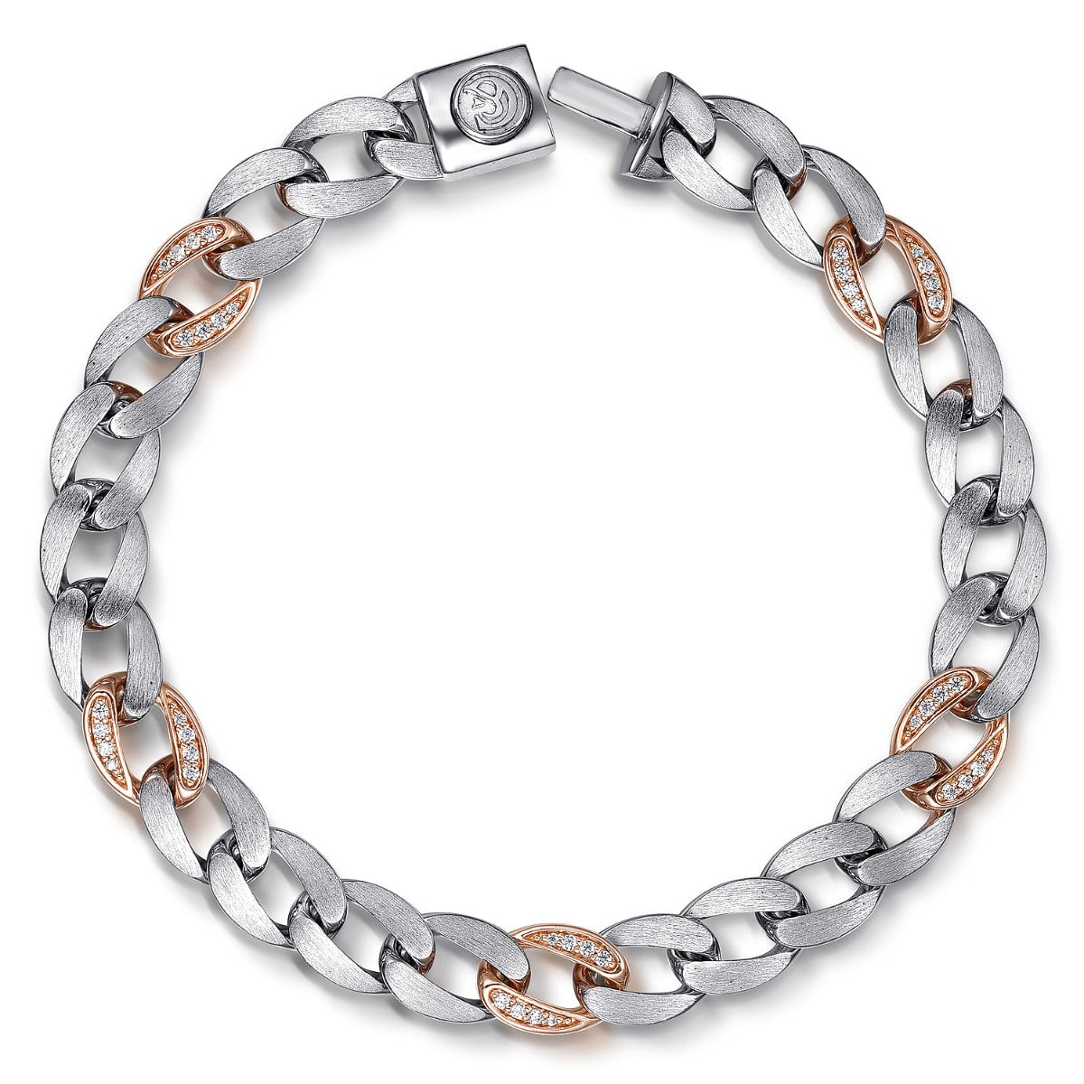 925 Sterling Silver with 14K Rose Gold Diamond Cuban Link Chain Mens Bracelet