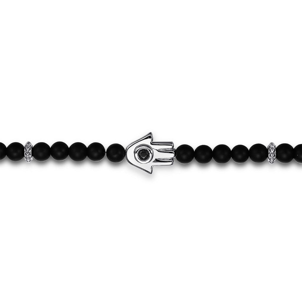 925 Sterling Silver 4mm Matte Onyx and Black Spinel Beaded Bracelet with Hamsa