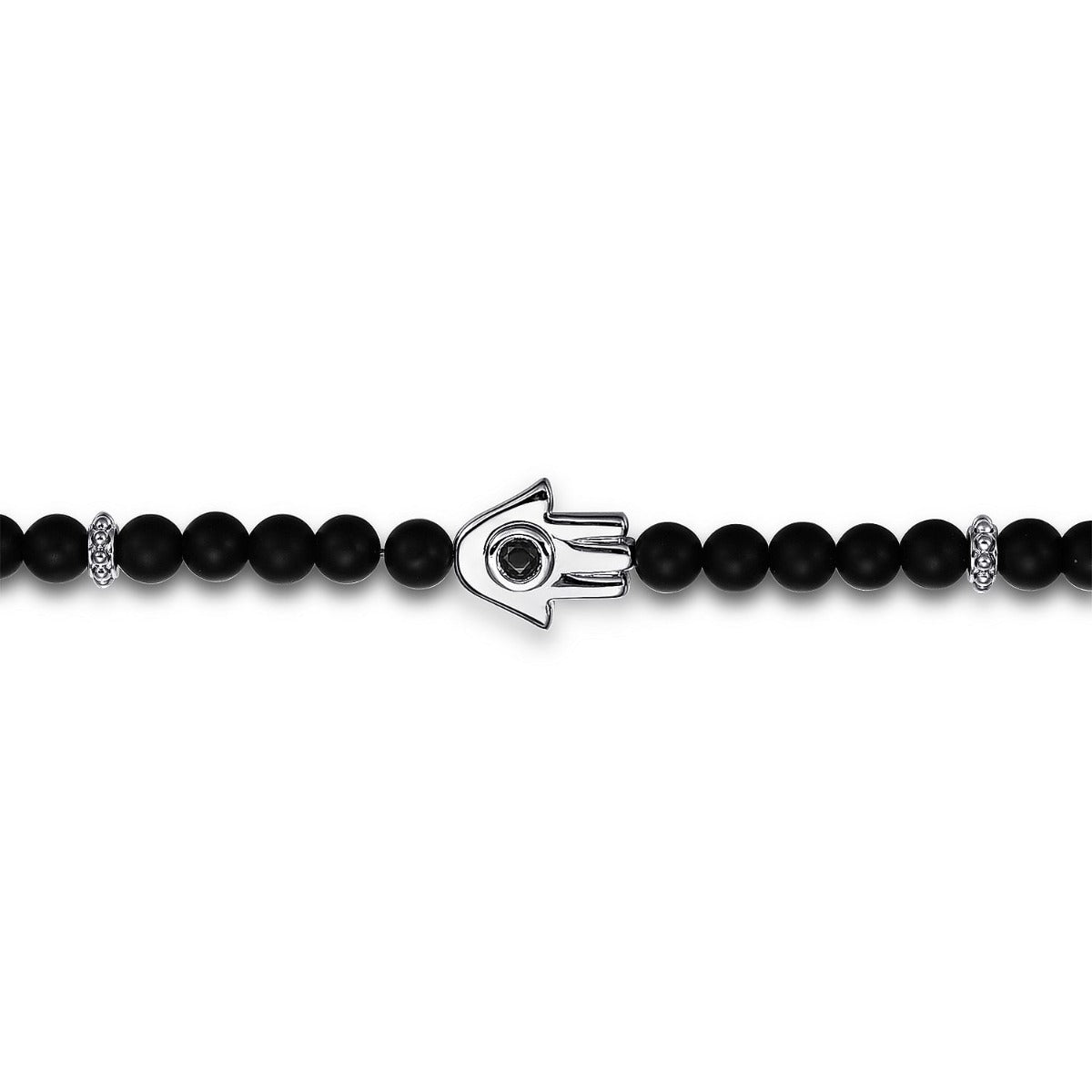 925 Sterling Silver 4mm Matte Onyx and Black Spinel Beaded Bracelet with Hamsa