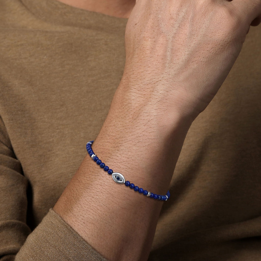925 Sterling Silver 4mm Lapis and Sapphire Beaded Bracelet with Evil eye