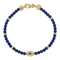 14K Yellow Gold 4mm Lapis and Sapphire Beaded Bracelet with Evil eye
