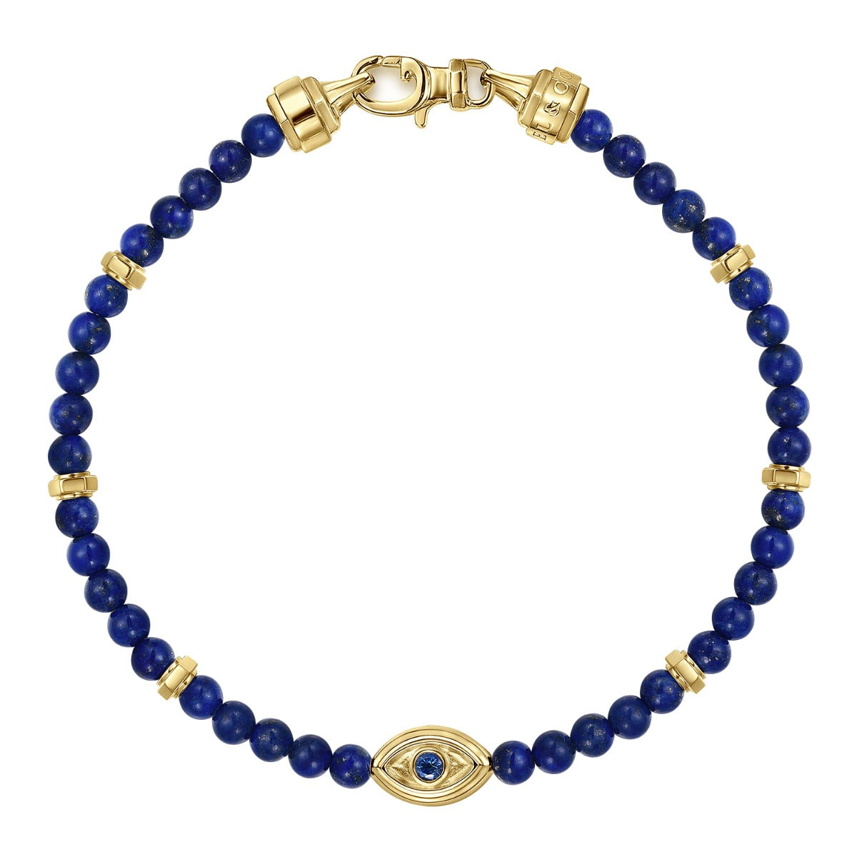 14K Yellow Gold 4mm Lapis and Sapphire Beaded Bracelet with Evil eye