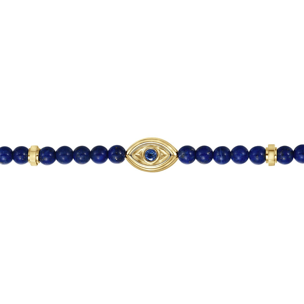 14K Yellow Gold 4mm Lapis and Sapphire Beaded Bracelet with Evil eye