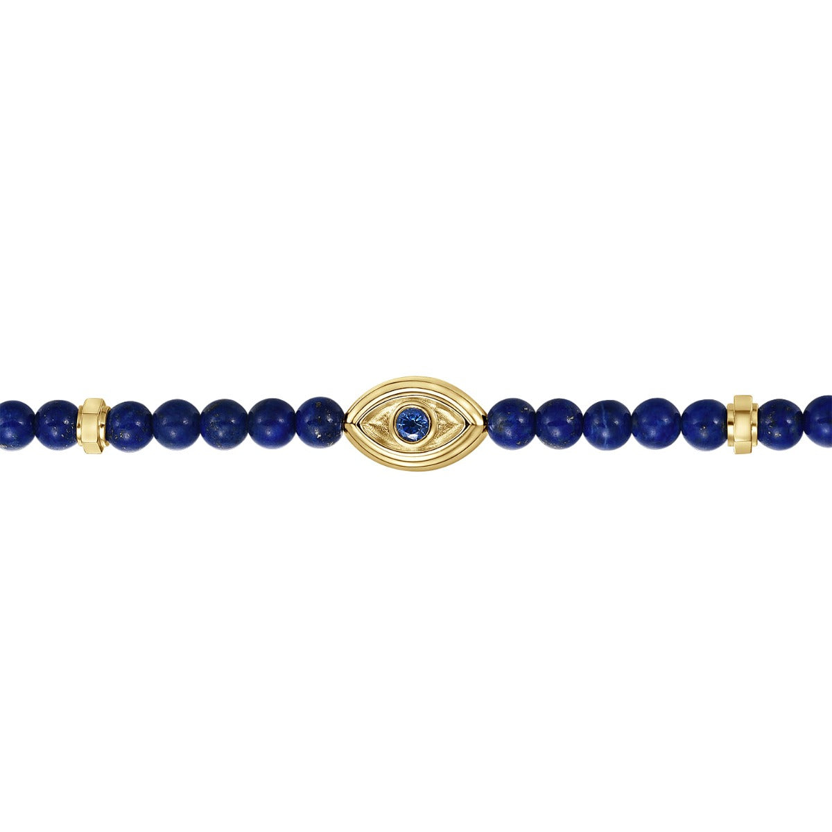 14K Yellow Gold 4mm Lapis and Sapphire Beaded Bracelet with Evil eye