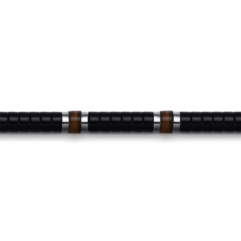 925 Sterling Silver Onyx and Tiger Eye Cylinder Beaded Bracelet