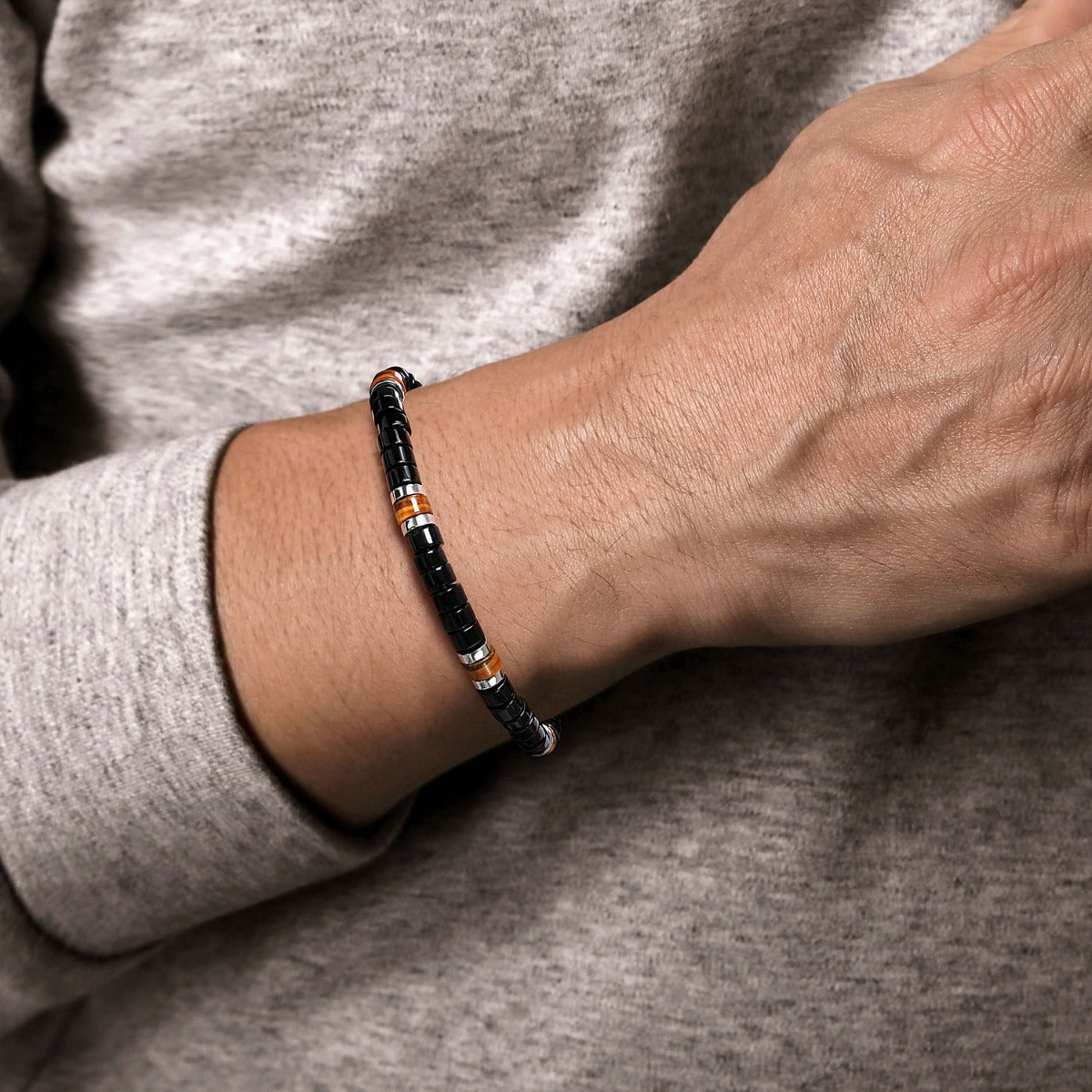 925 Sterling Silver Onyx and Tiger Eye Cylinder Beaded Bracelet