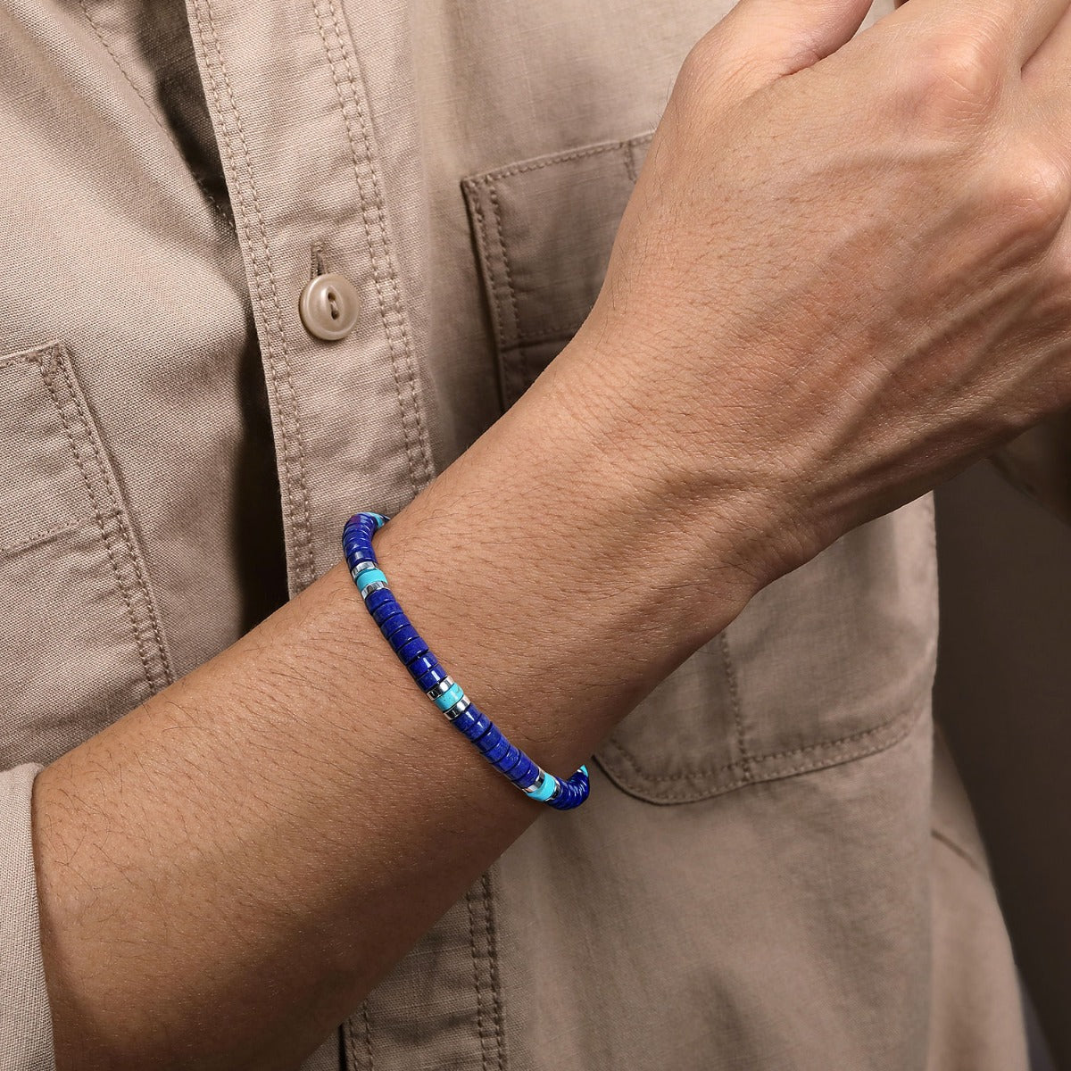 925 Sterling Silver Lapis and Turquoise Cylinder Beaded Bracelet