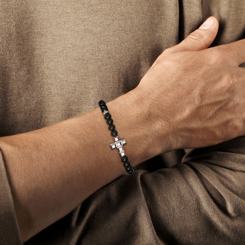 925 Sterling Silver 6mm Matte Onyx Beaded Bracelet with Square Cross