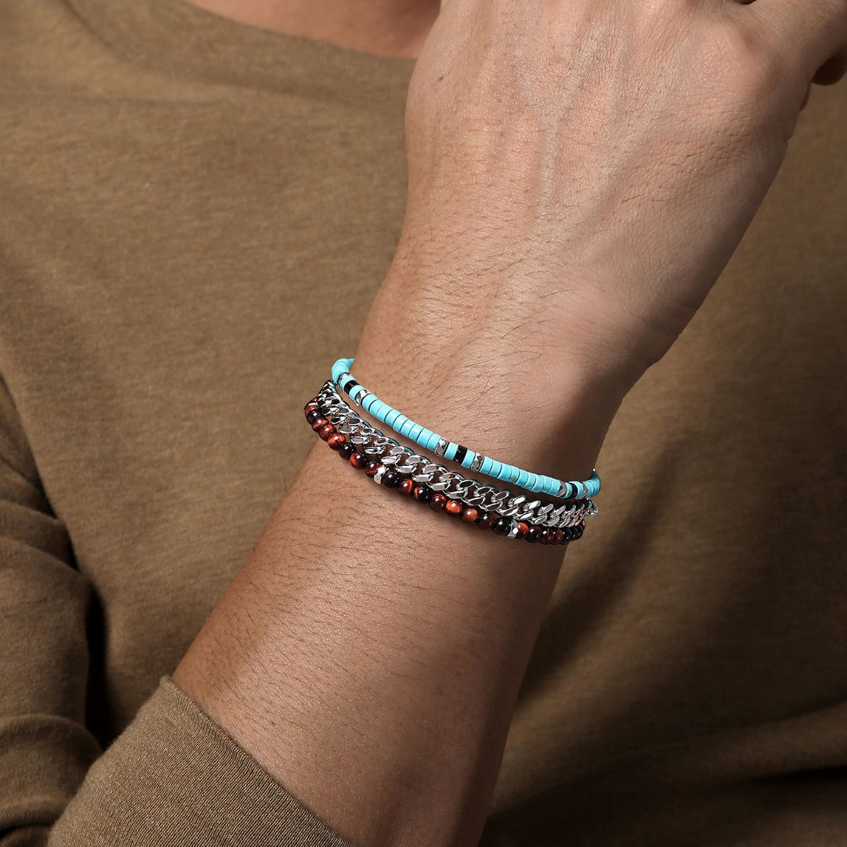 925 Sterling Silver Turquoise Cylinder Beads and Round Tiger eye and Onyx Cylinder bead with Diamond cut Link Chain Bracelet