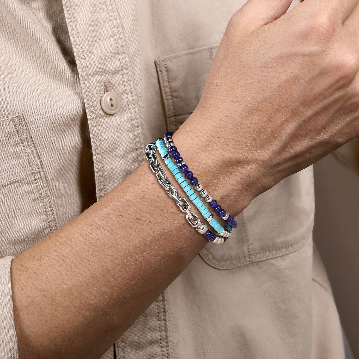 925 Sterling Silver Turquoise Cylinder Beads and Round Lapis and White Sapphire with Link Chain Bracelet