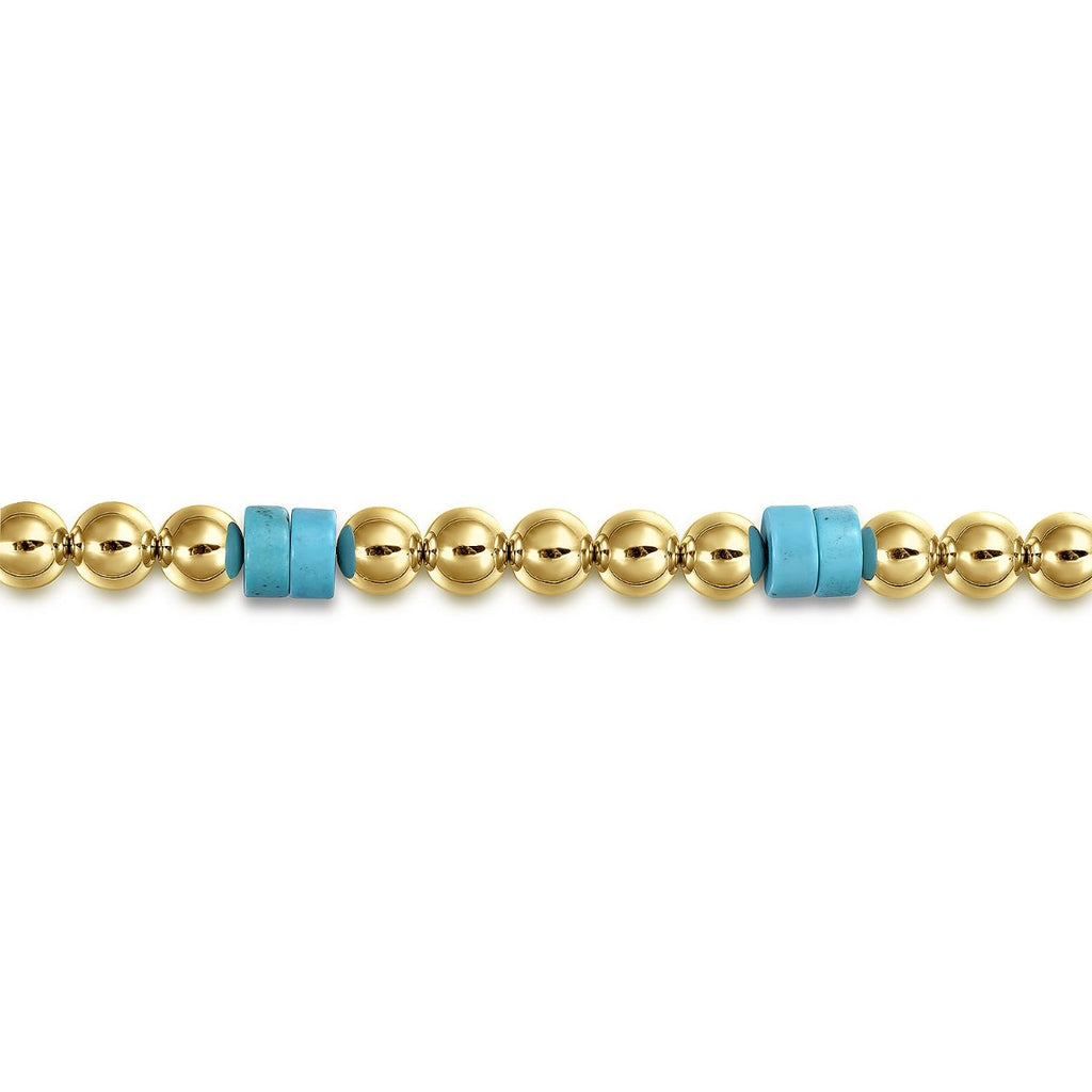 14K Yellow Gold 6mm ball and Turquoise Cylinder Beaded Bracelet