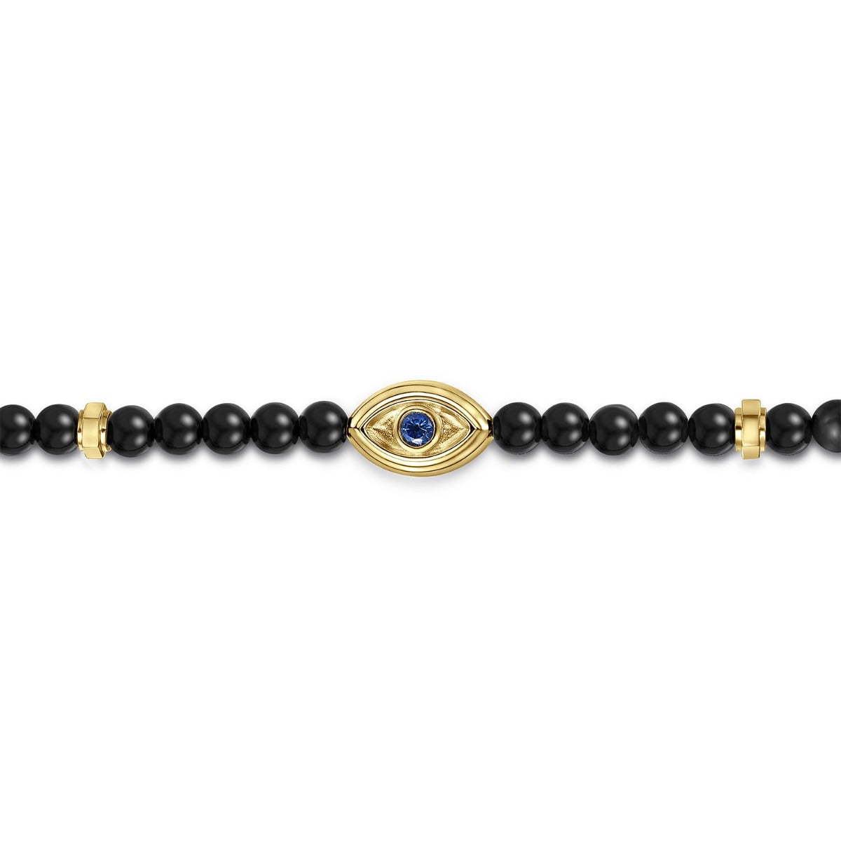 14K Yellow Gold 4mm Onyx and Sapphire Beaded Bracelet with Evil eye