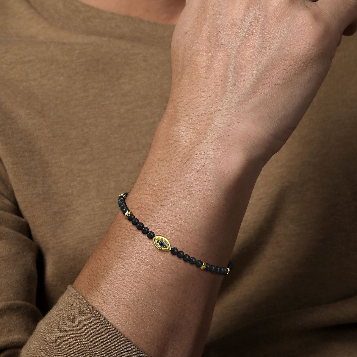 14K Yellow Gold 4mm Onyx and Sapphire Beaded Bracelet with Evil eye