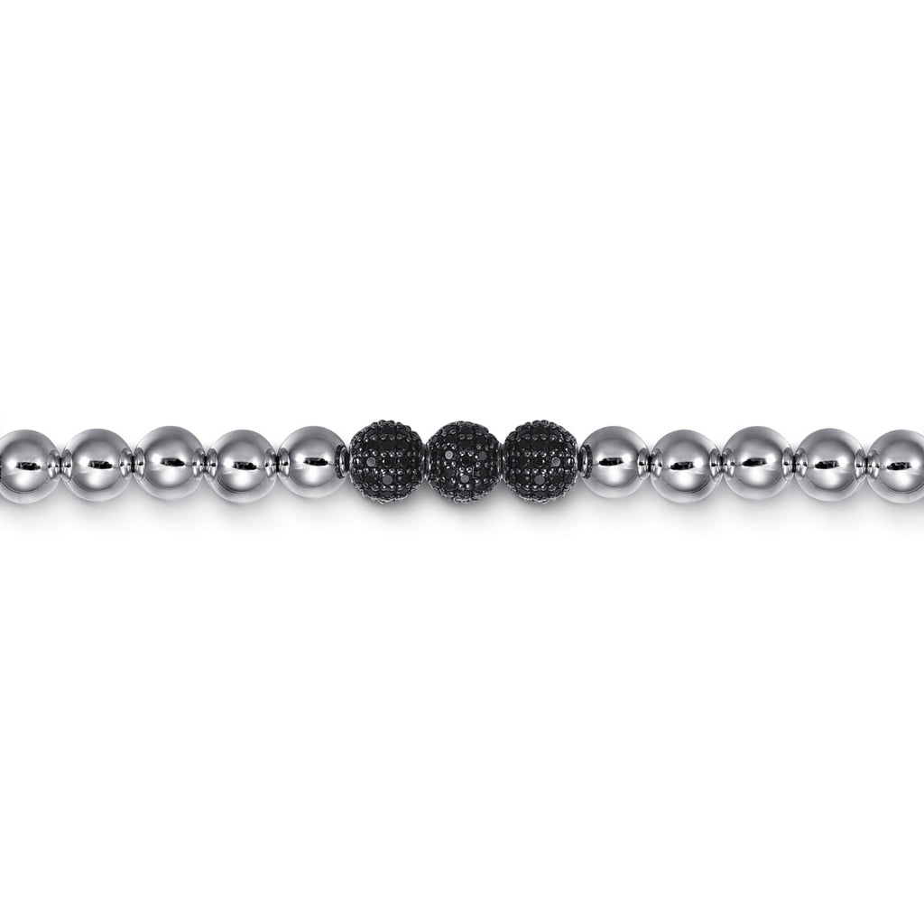 925 Sterling Silver Black Spinel and 6mm Silver Beaded Mens Bracelet