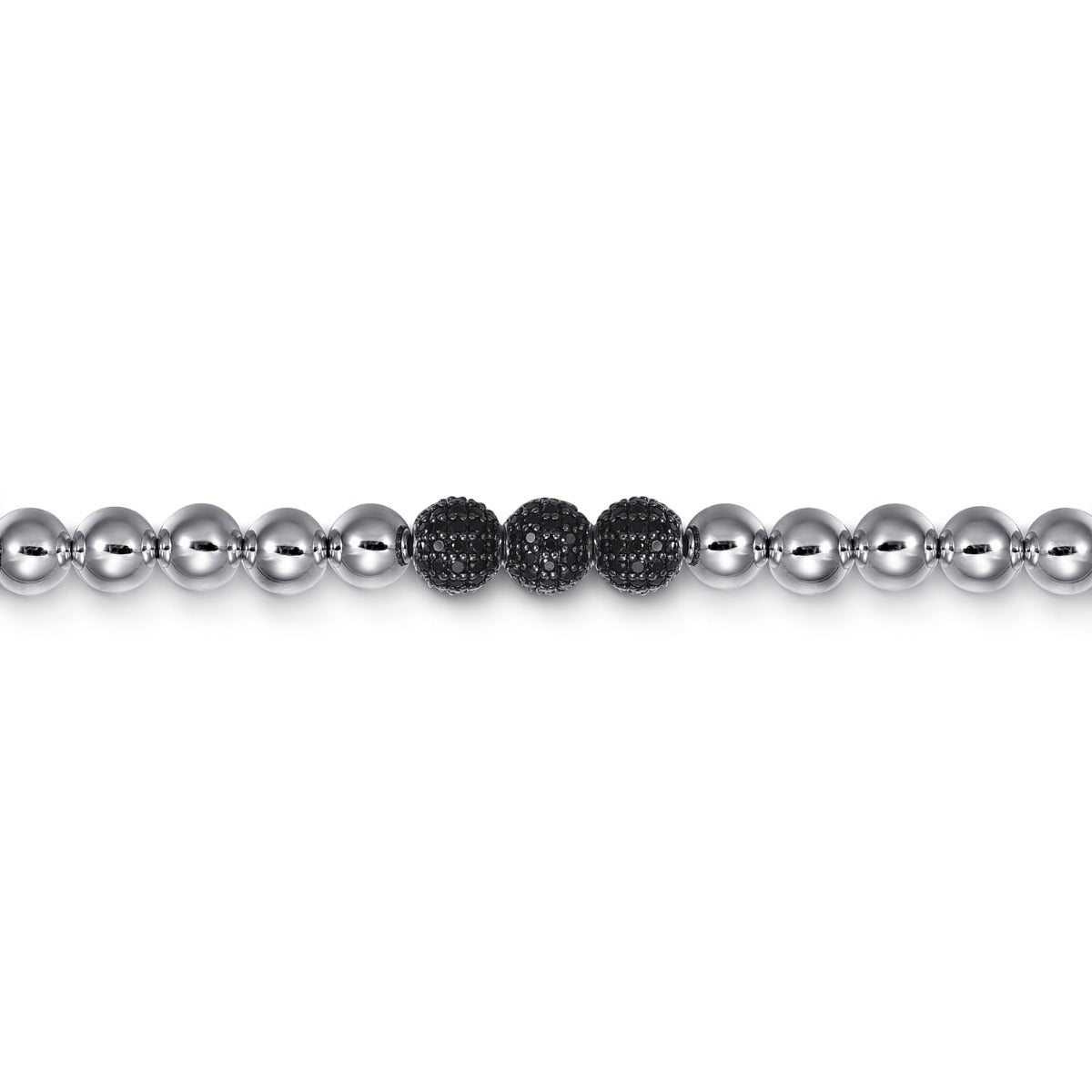 925 Sterling Silver Black Spinel and 6mm Silver Beaded Mens Bracelet