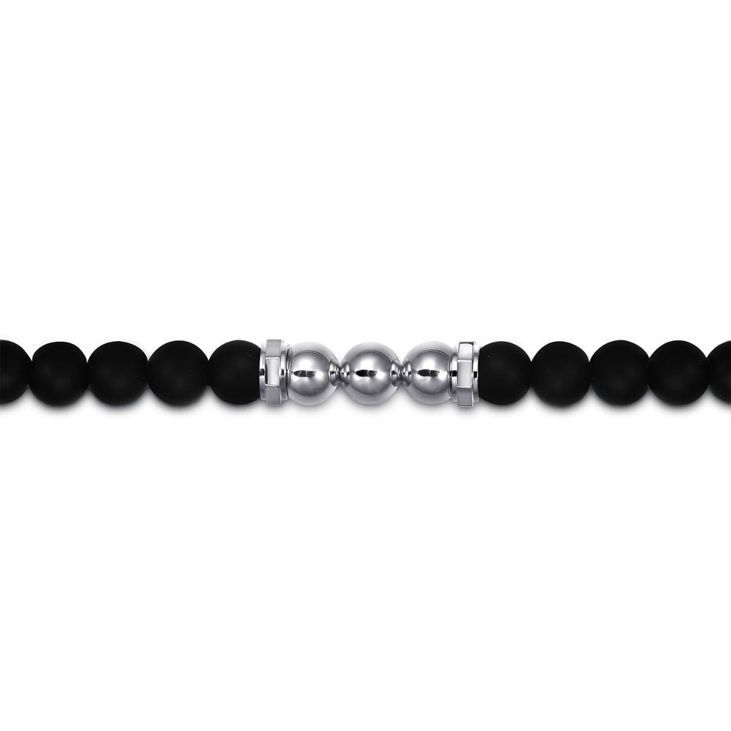 925 Sterling Silver 6mm Matte Onyx bead and 6mm Silver Beaded Mens Bracelet