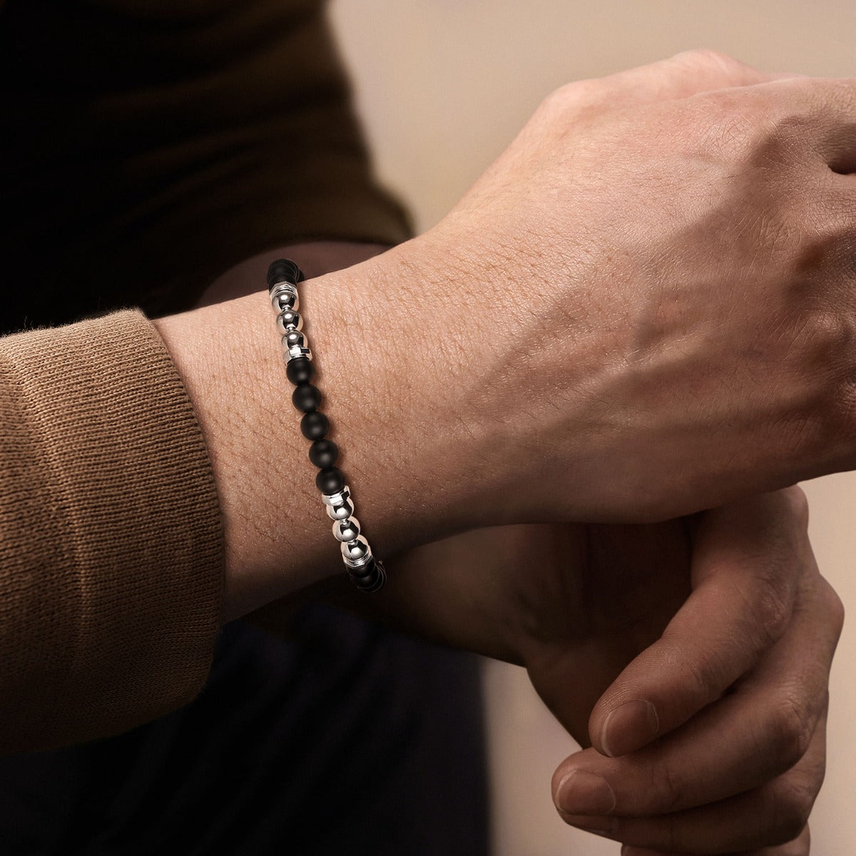 925 Sterling Silver 6mm Matte Onyx bead and 6mm Silver Beaded Mens Bracelet