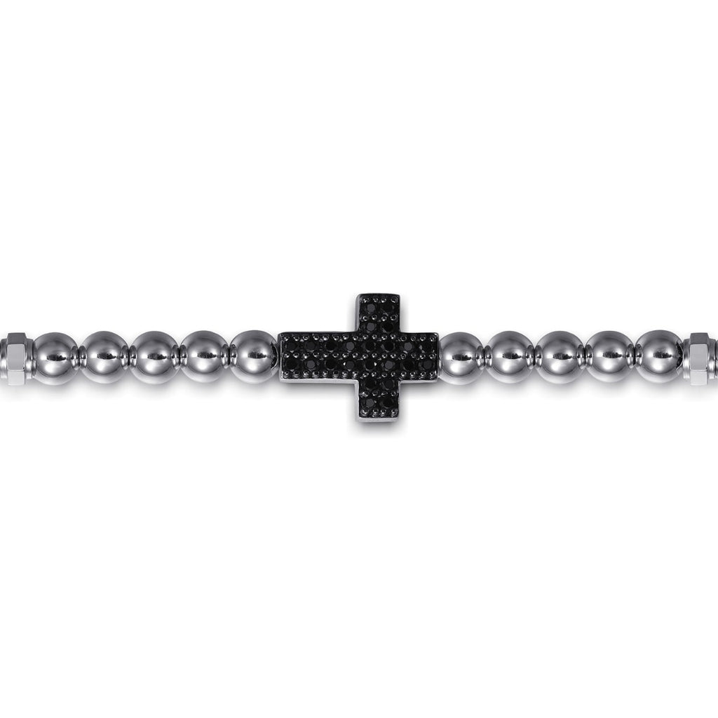 925 Sterling Silver and 4mm Silver Beaded Mens Bracelet with Black Spinel Cross