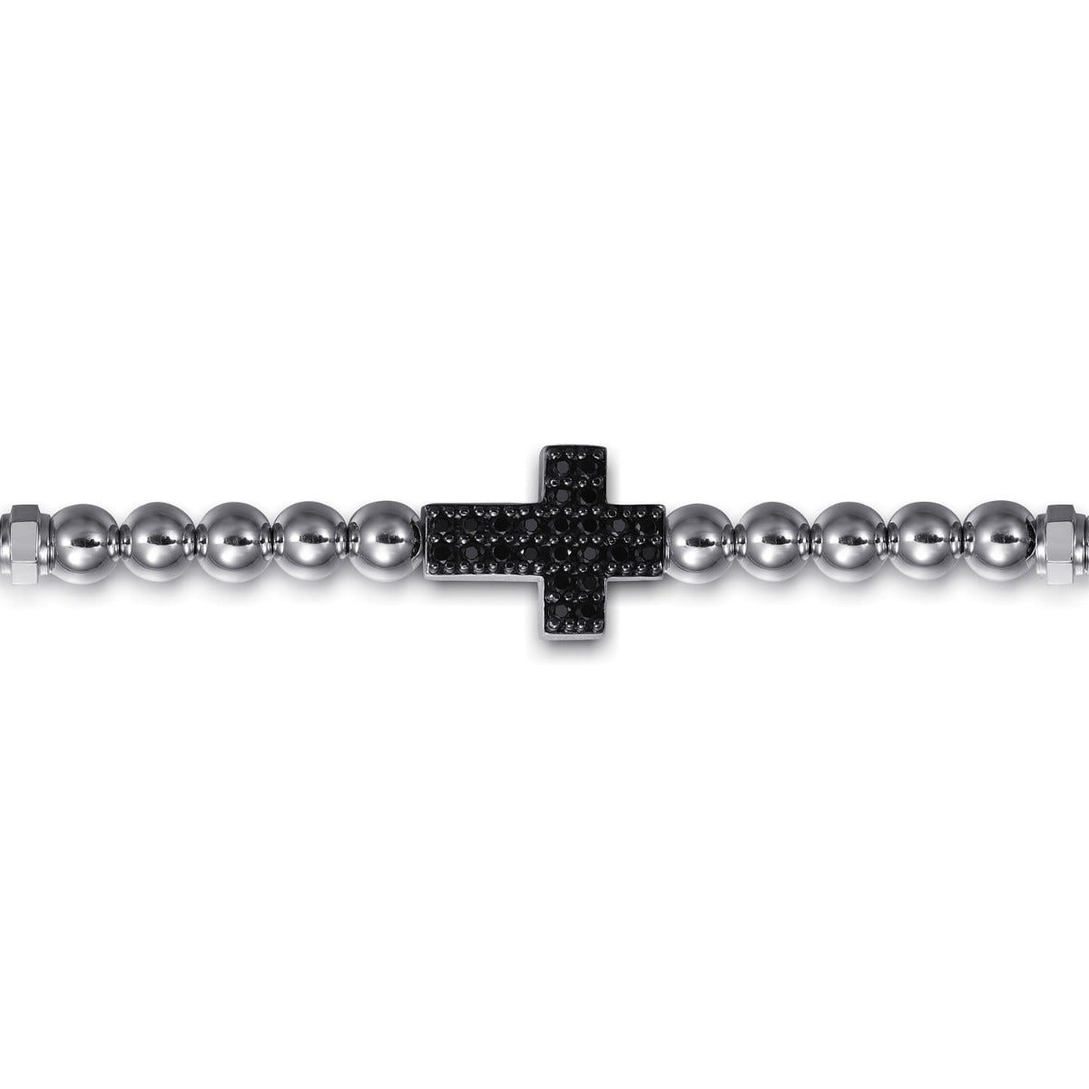 925 Sterling Silver and 4mm Silver Beaded Mens Bracelet with Black Spinel Cross