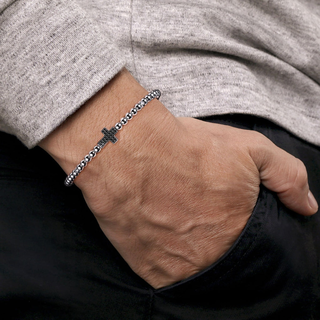925 Sterling Silver and 4mm Silver Beaded Mens Bracelet with Black Spinel Cross