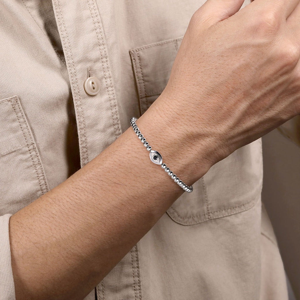 925 Sterling Silver and 4mm Silver Beaded Bracelet with Evil Eye