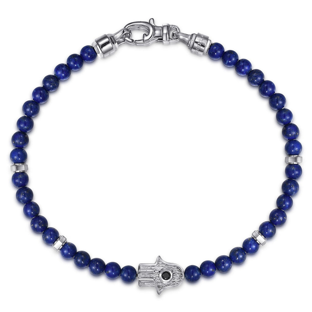 925 Sterling Silver 4mm Lapis Mens Bracelet with Black Spinel Hamsa