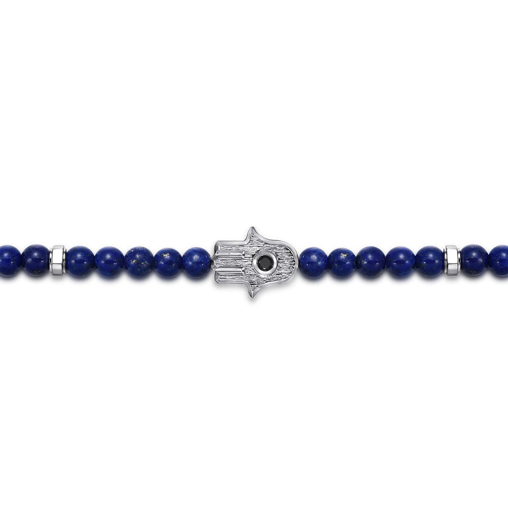 925 Sterling Silver 4mm Lapis Mens Bracelet with Black Spinel Hamsa