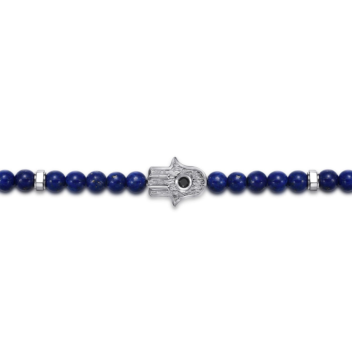 925 Sterling Silver 4mm Lapis Mens Bracelet with Black Spinel Hamsa