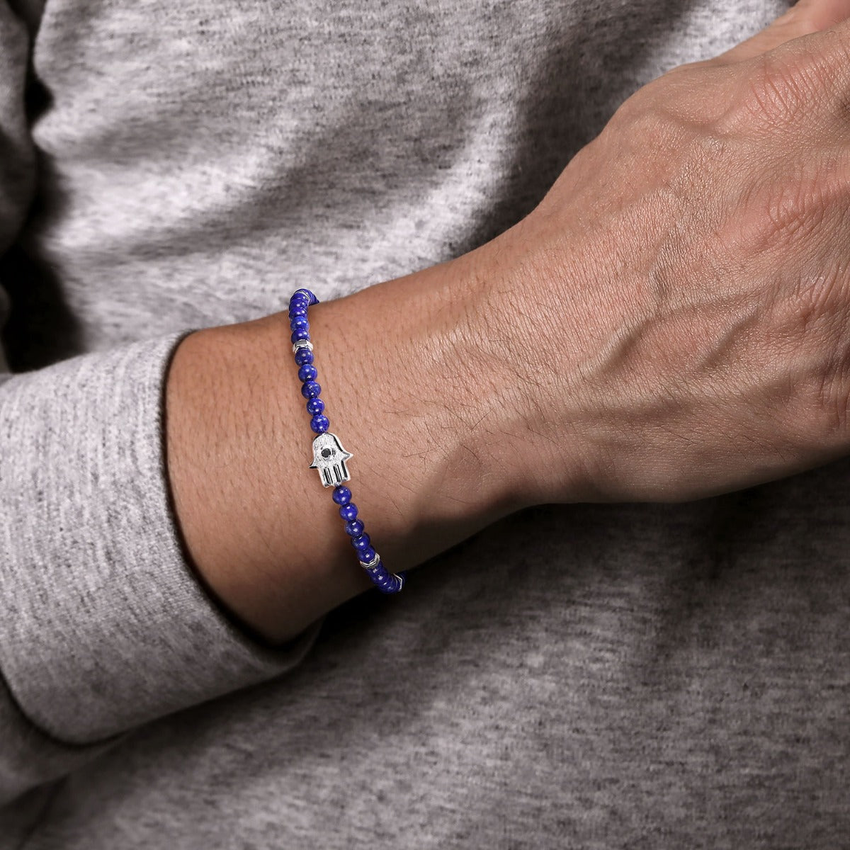 925 Sterling Silver 4mm Lapis Mens Bracelet with Black Spinel Hamsa