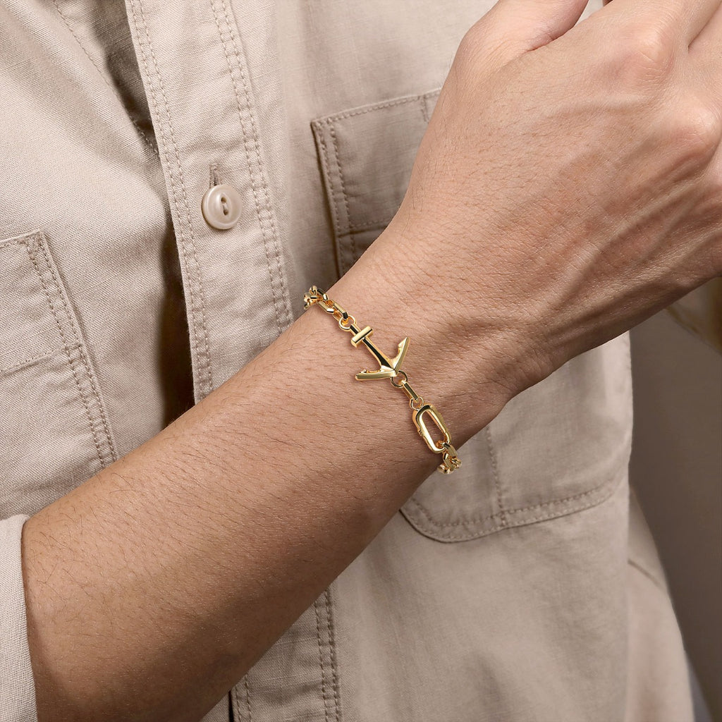 14K Yellow Gold Link Chain and Anchor Men's Bracelet