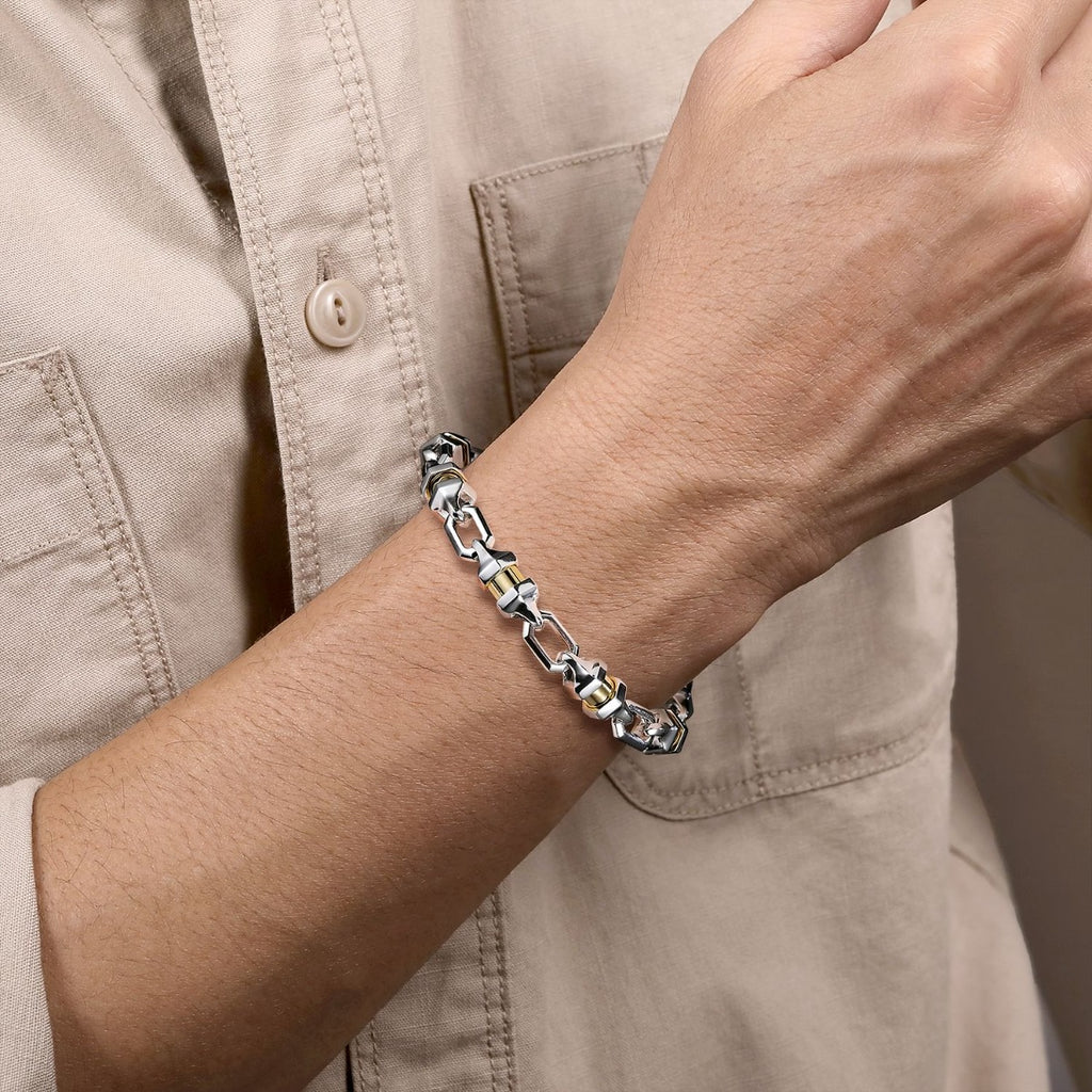 925 Sterling Silver and 14K Yellow Gold Cylinder Mens Bracelet