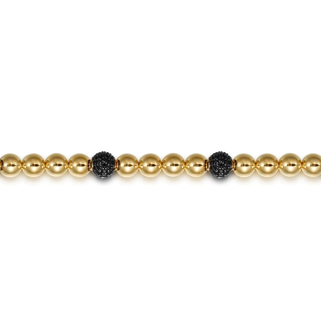 14K Yellow Gold Black Diamond and 6mm Yellow Gold Beaded Mens Bracelet